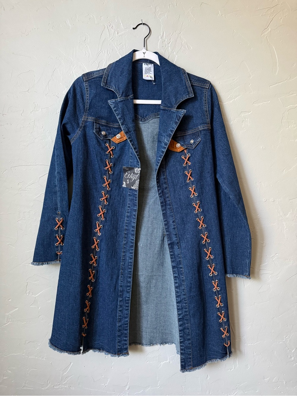 ETHYL Denim Duster Western Style Jacket Leather Laces Festival Boho Blue Sz S